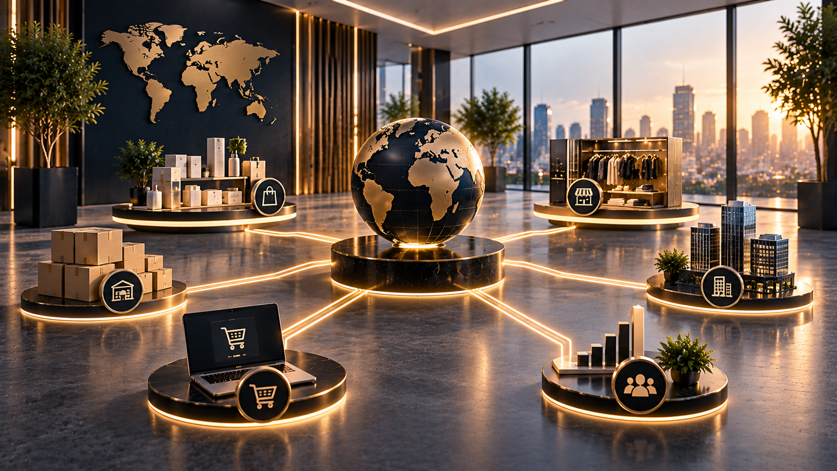 Gold and navy commercial network scene with a central globe connected to multiple commercial stations