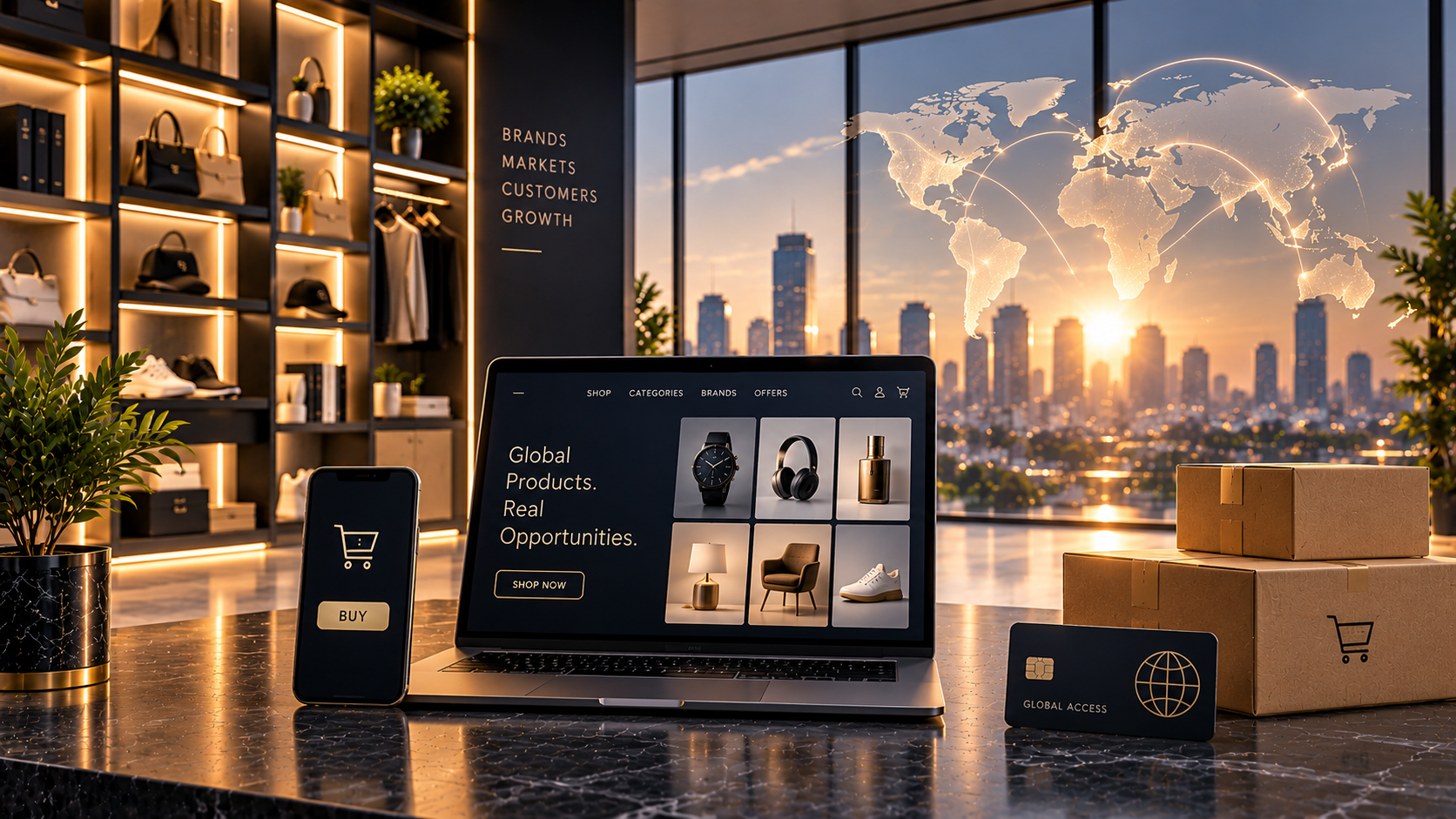 Premium retail and e-commerce scene with a laptop, smartphone and retail product displays