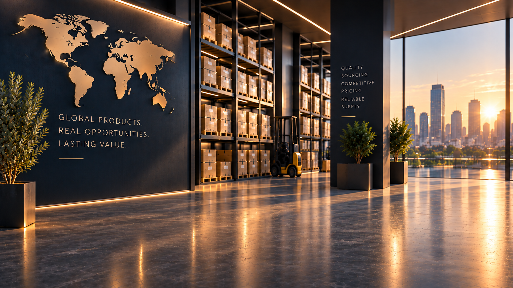 Modern warehouse interior with a gold world map on the wall, organized inventory shelving and a wide polished floor